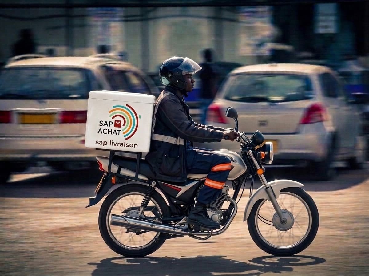 Livreur à moto avec sa caisse de livraison dans la circulation